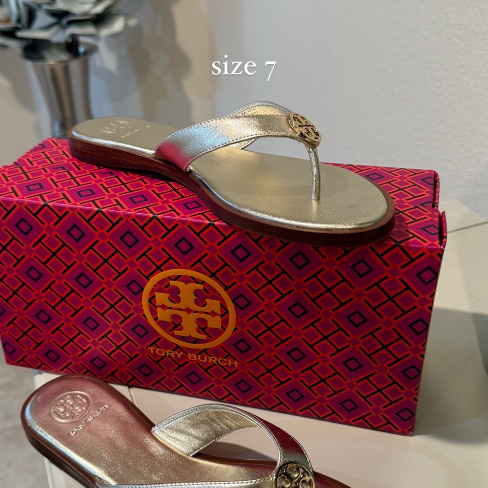 Tory Burch Silver Sandals with Signature Medallion